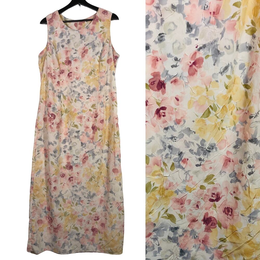 Floral Crinkle Dress Pink Yellow Sleeveless Maxi Round Neck Retro Vintage Y2K